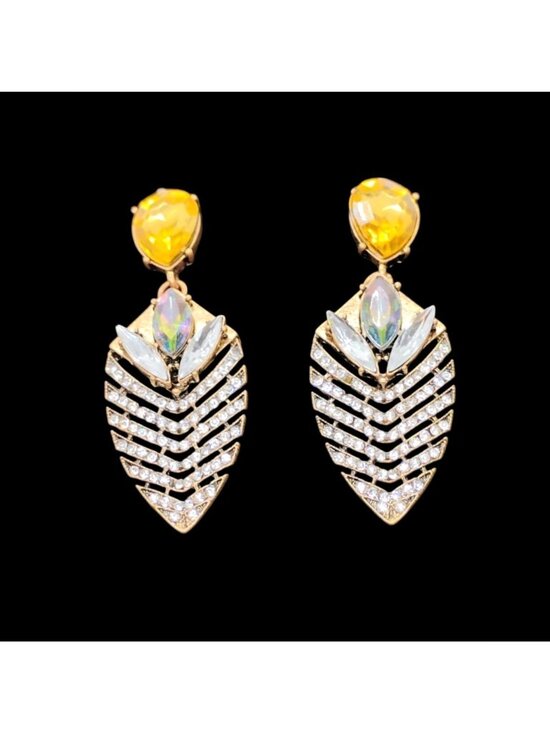 Jewelry - Large Blingy Dangle Drop Earrings AB Rhinestones Yellow Stone Gold Tone